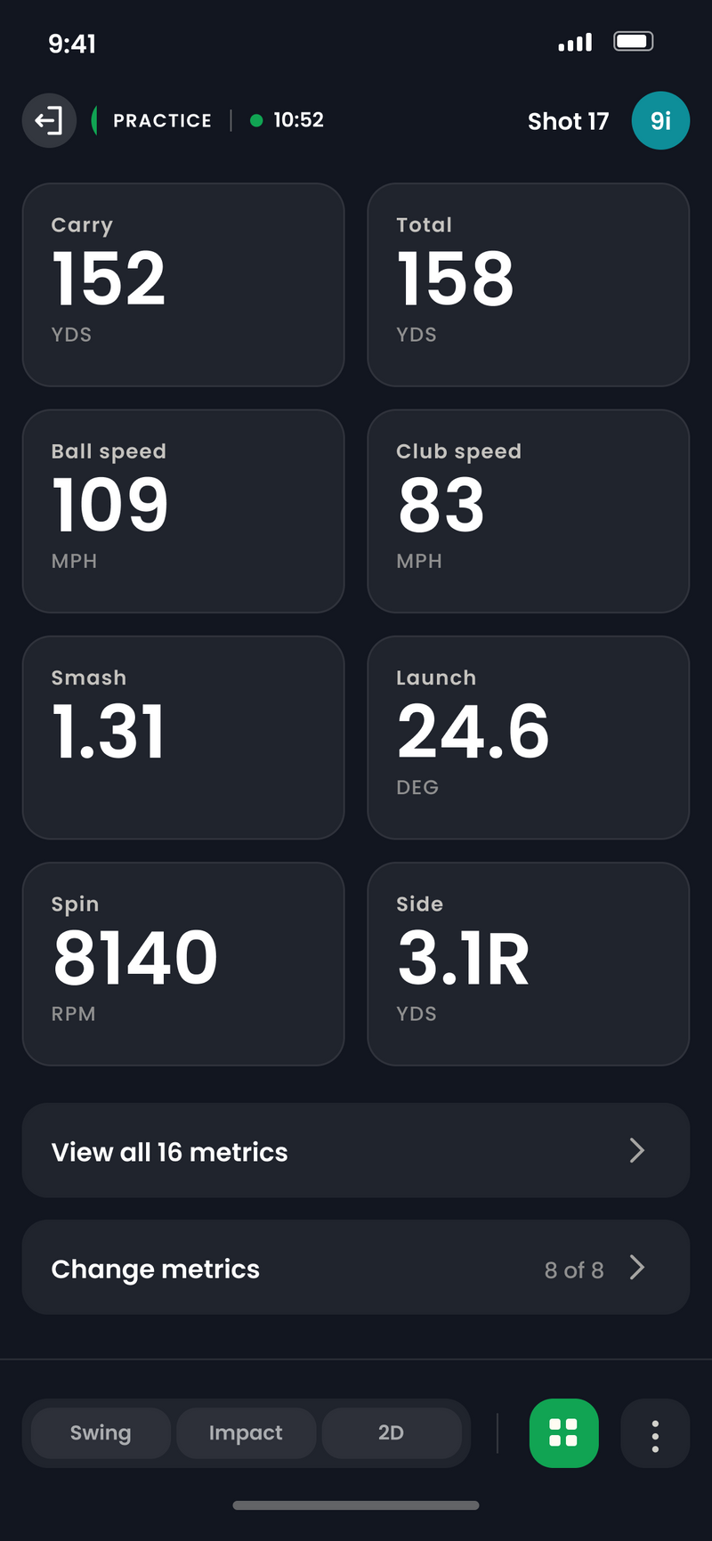Eight live metrics for a 9 iron shot