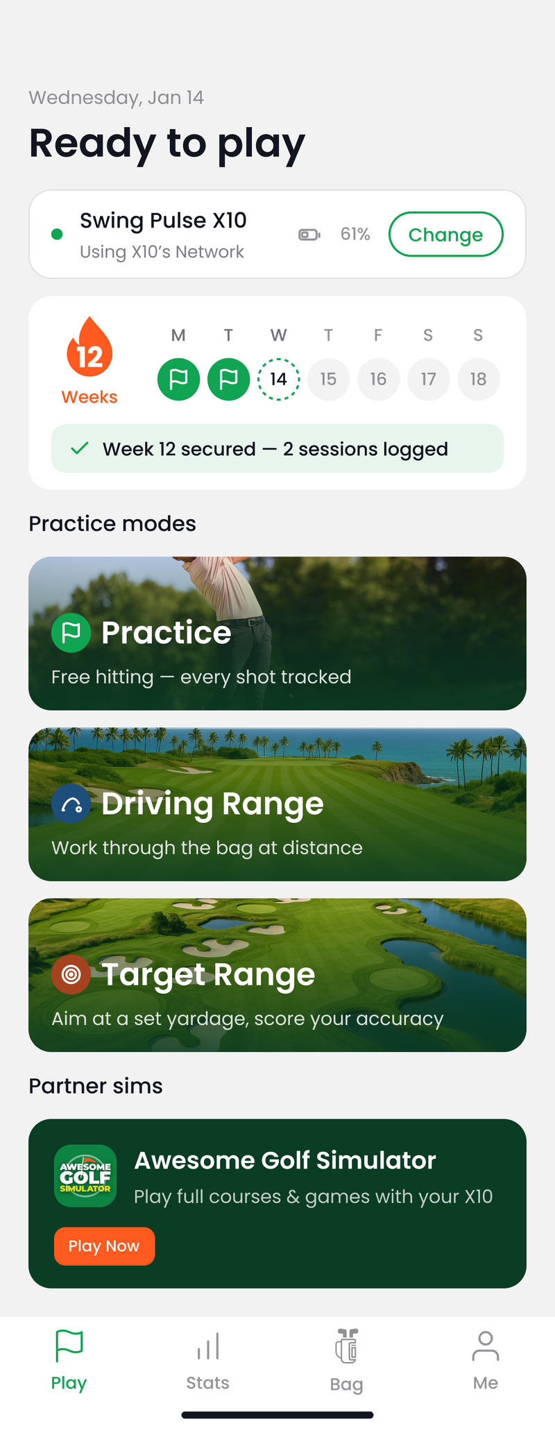 Play screen with Practice, Driving Range and Target Range modes