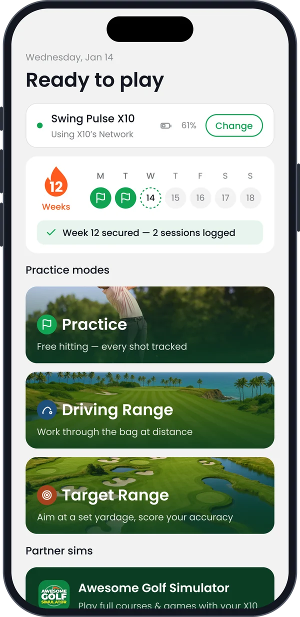 Ready to play screen with practice modes and a 12 week streak