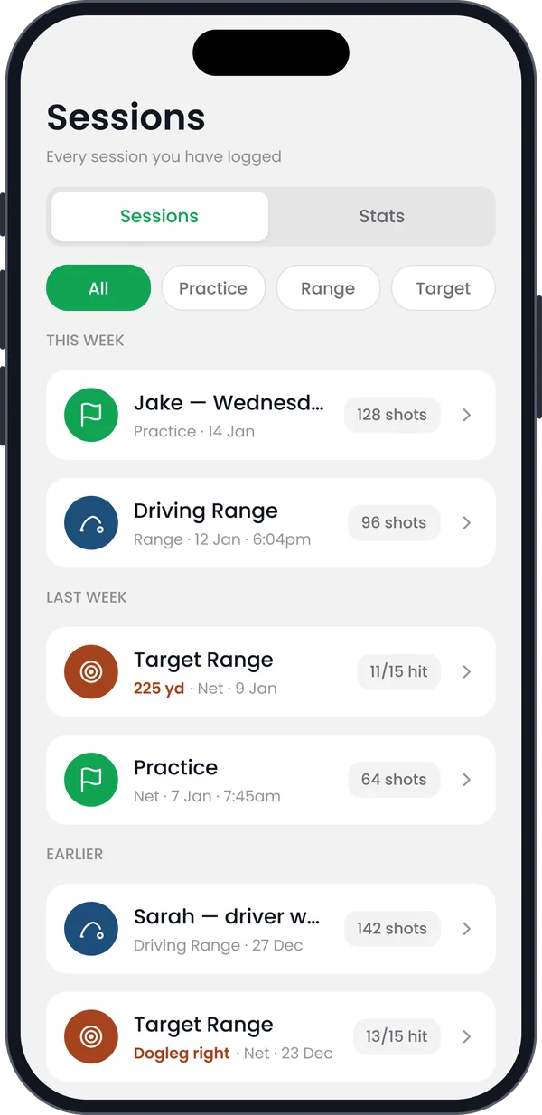 Sessions list with practice, driving range and target range sessions