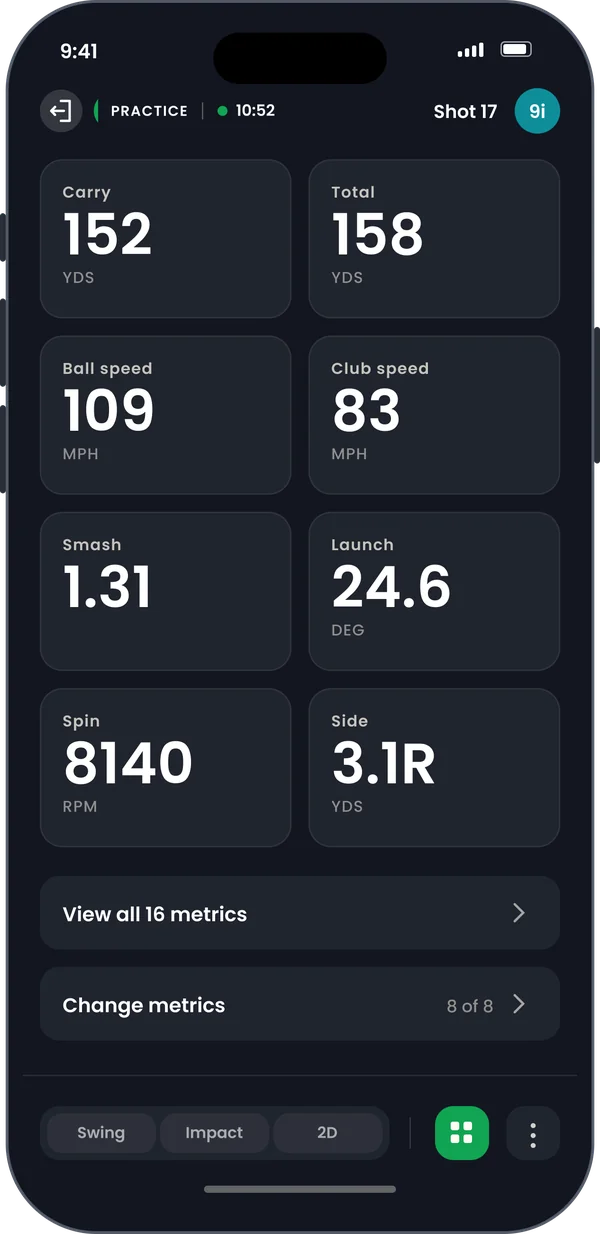 Eight live metrics for a 9 iron shot in the Swing Pulse app